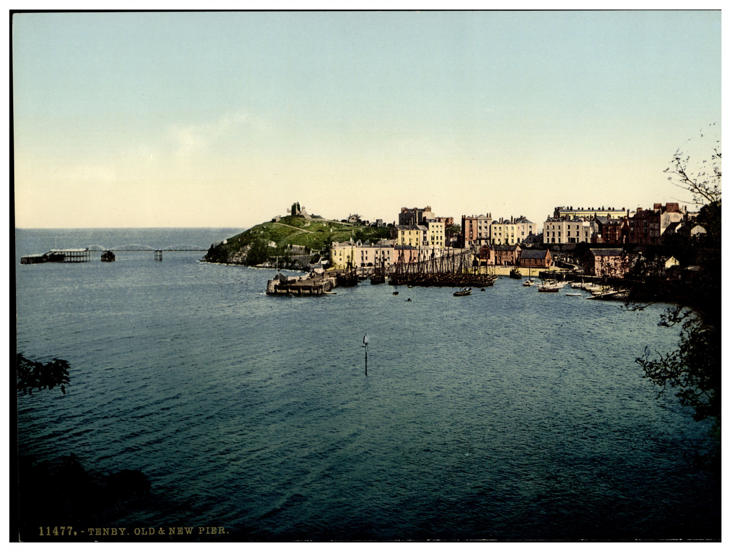 Wales. Tenby. Old and New Pier.  Vintage Photochrome by P.Z, Photochrome 