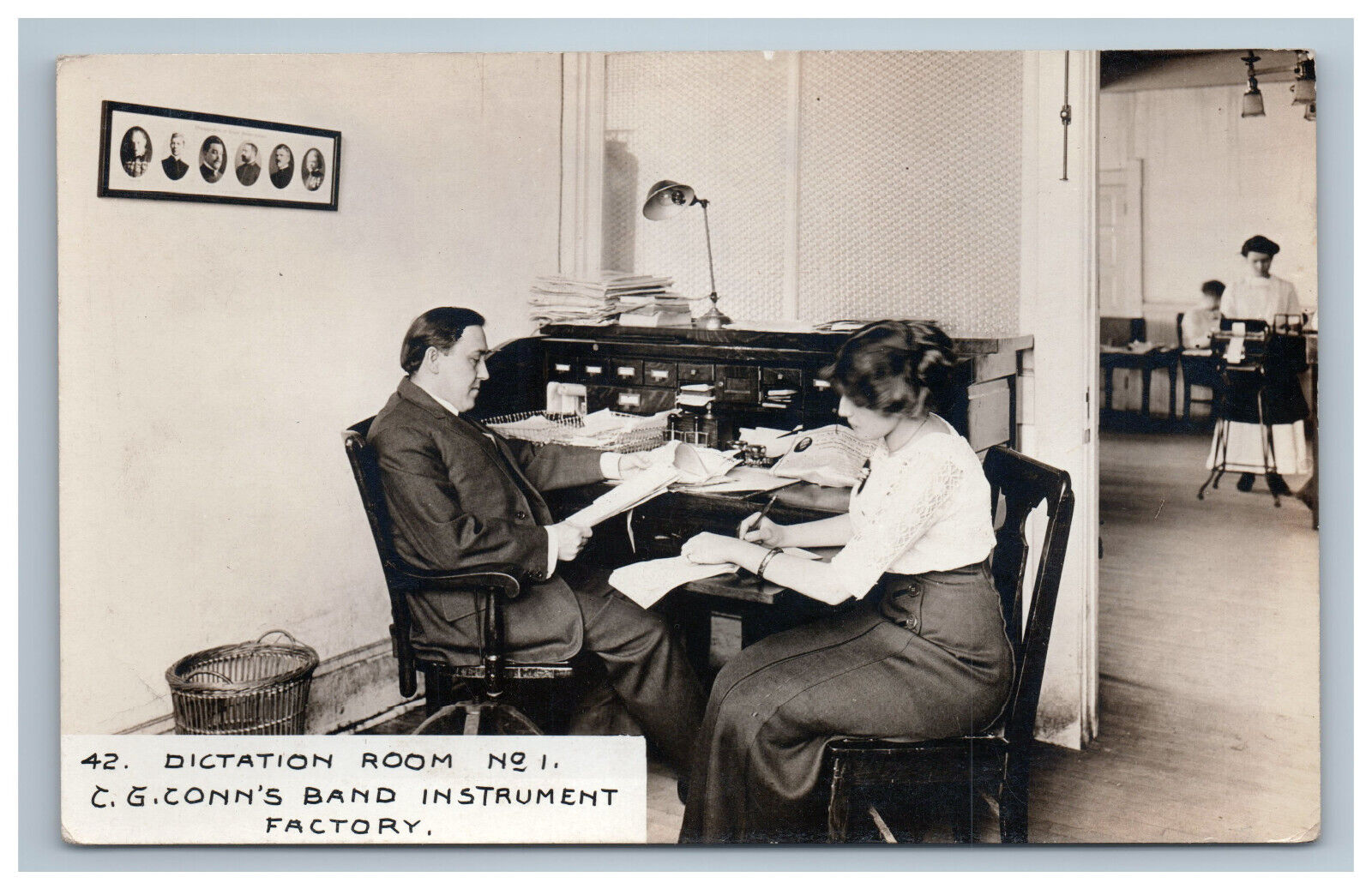 C.G. Conn\'s Band Instrument Factory Dictation Room Lot of 2 RPPC Postcards