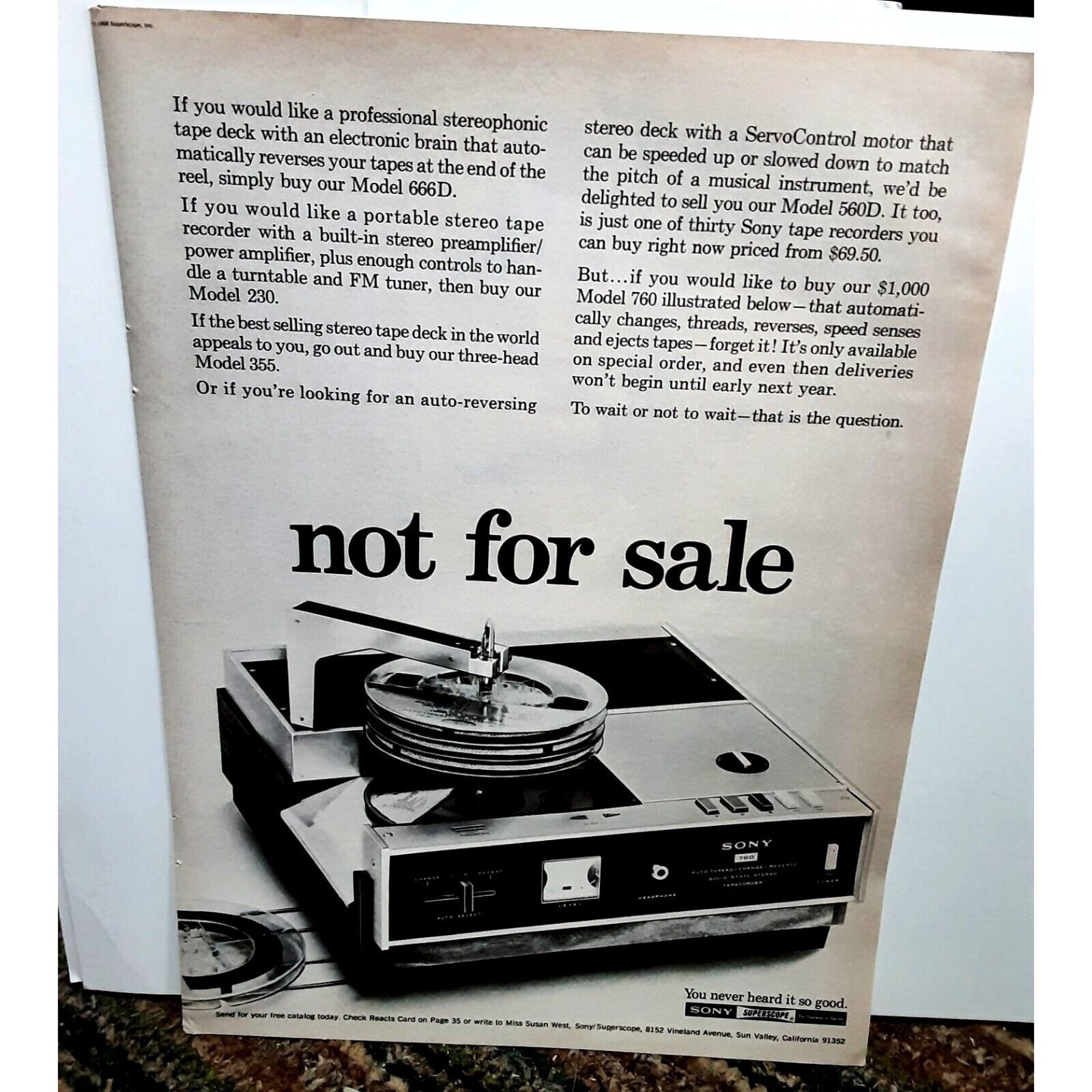 1968 Sony Superscope Tape Deck  Vintage Print Ad Original