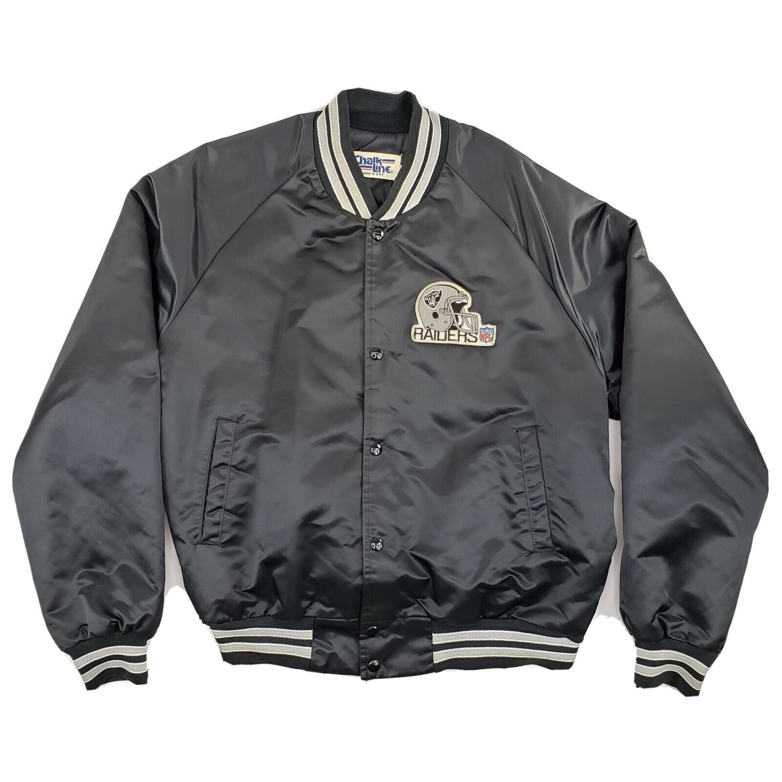 Vintage 80s Chalk Line Los Angeles Oakland Raiders Button Up Black Satin Jacket 