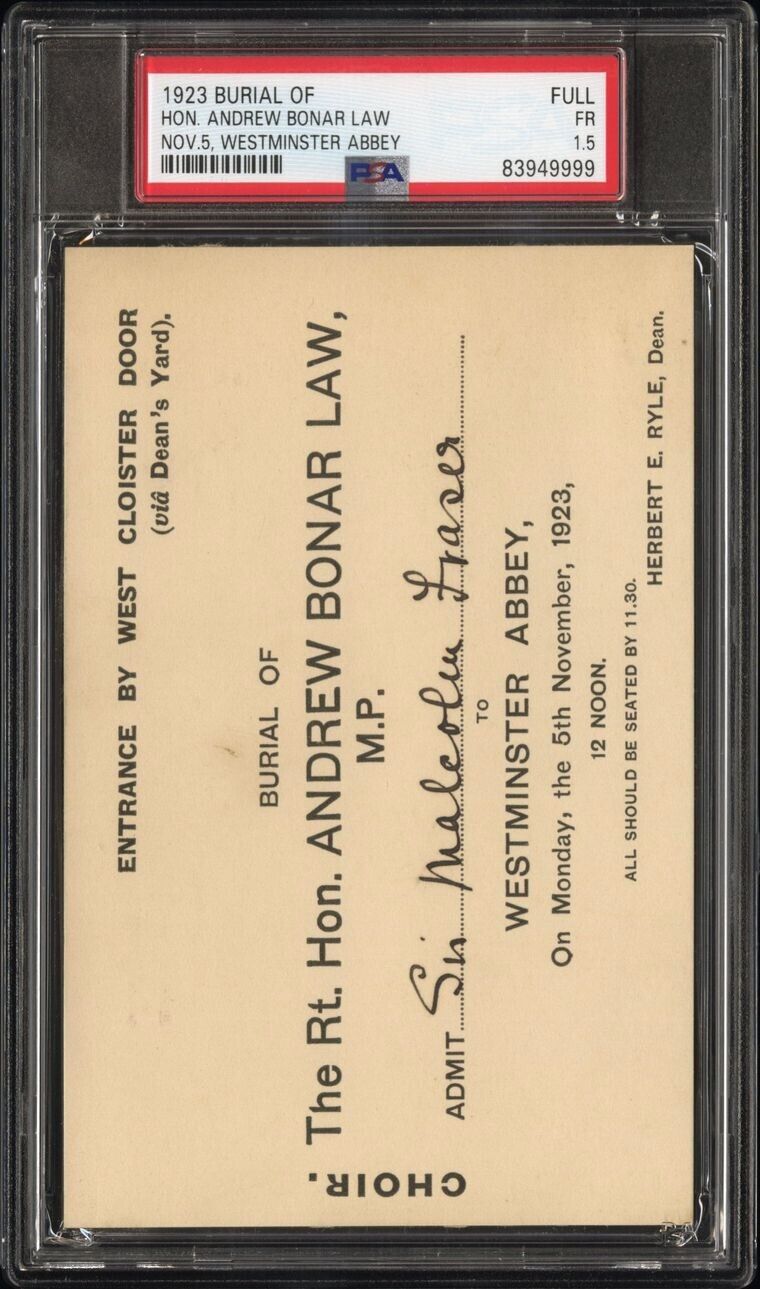 1923 BURIAL OF HON. ANDREW BONAR LAW FULL TICKET 11/5/23  WESTMINISTER ABBEY PSA
