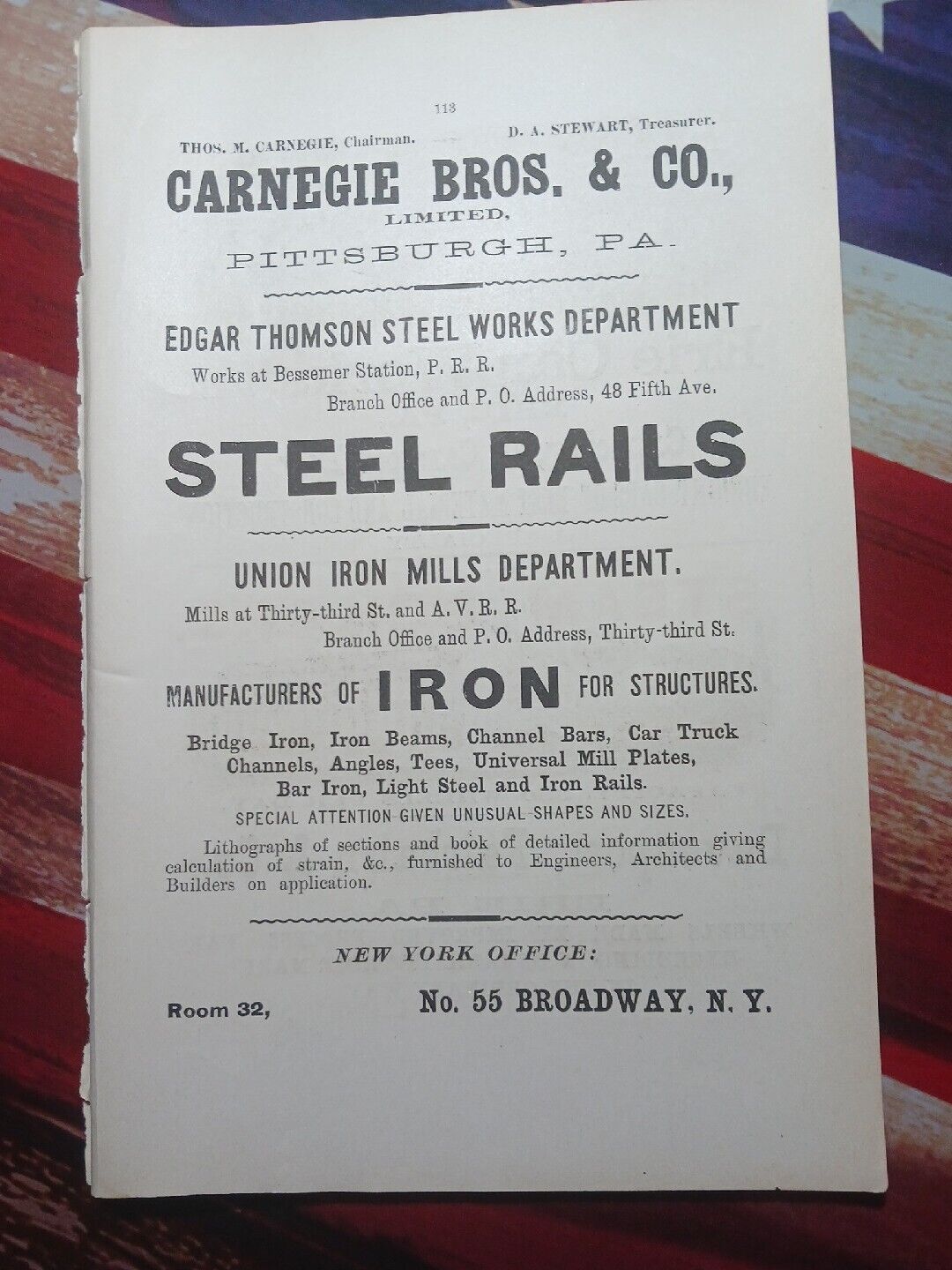 1881 Print Ad CARNEGIE BROTHERS & COMPANY Union Iron Mills Edgar Thompson Steel