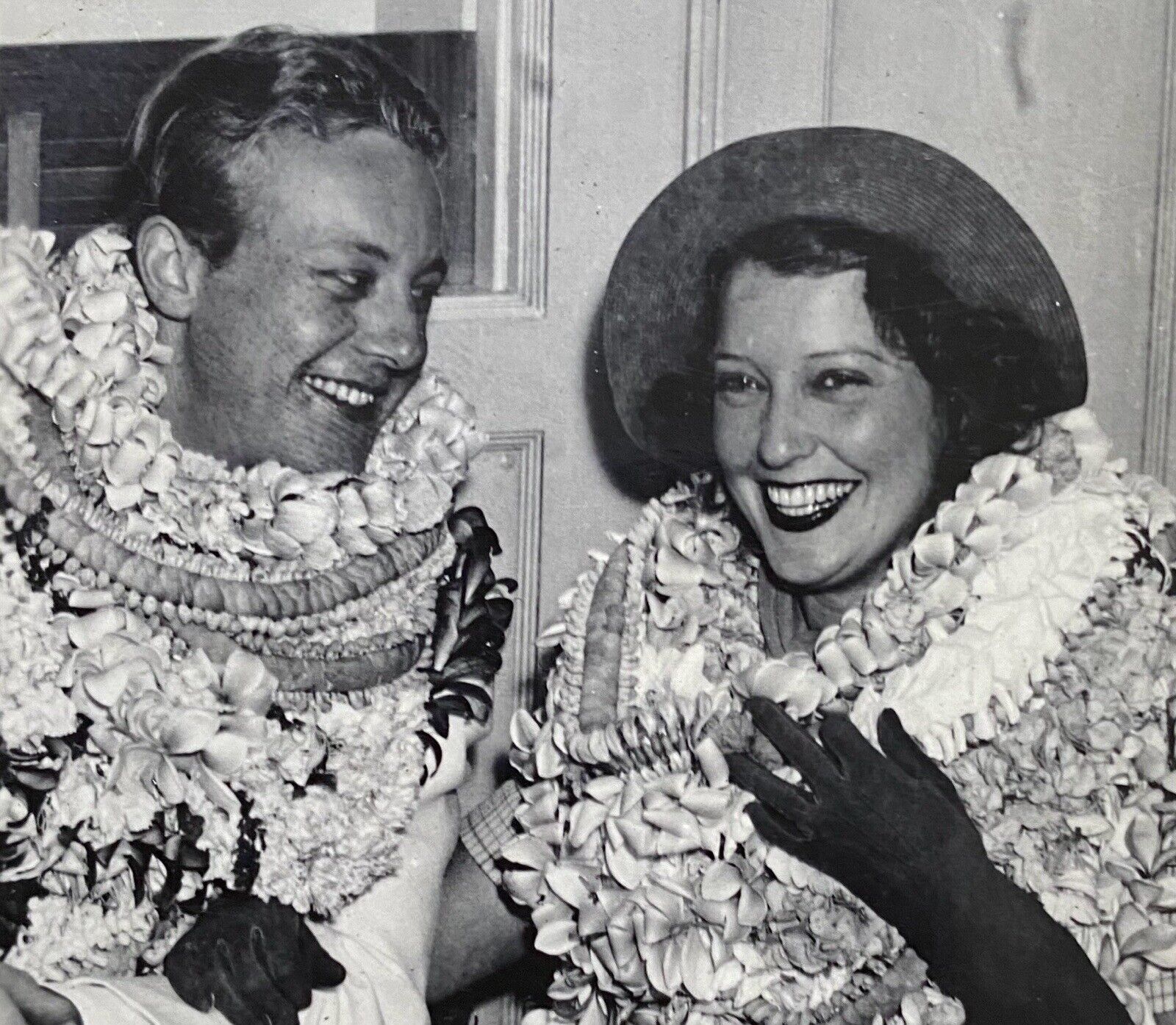 Hollywood Actress Jeanette MacDonald & Husband Wearing Leis Small Vintage Photo