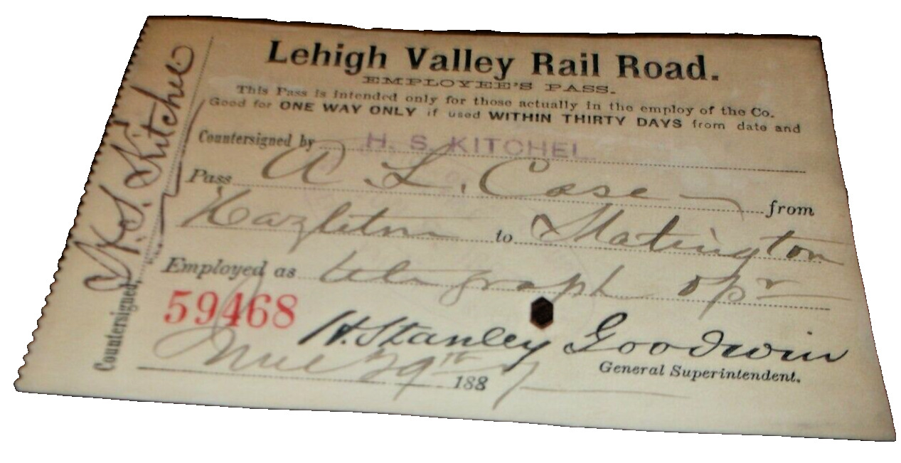 NOVEMBER 1887 LEHIGH VALLEY RAIL ROAD EMPLOYEE MONTHLY PASS #59468