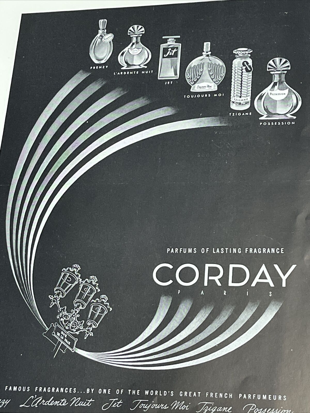 Vintage 1947 French Perfume Print Ad CORDAY Bottles Possession Frenzy Jet ++