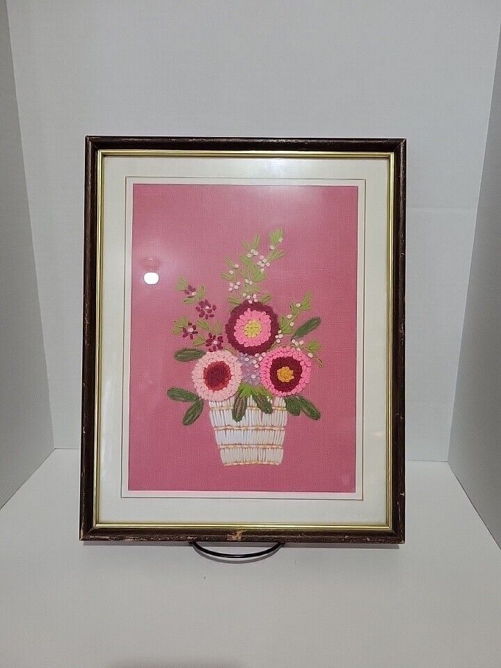 Vintage YARN ART 1970s Embroidered Needlework Framed Pink Flowers