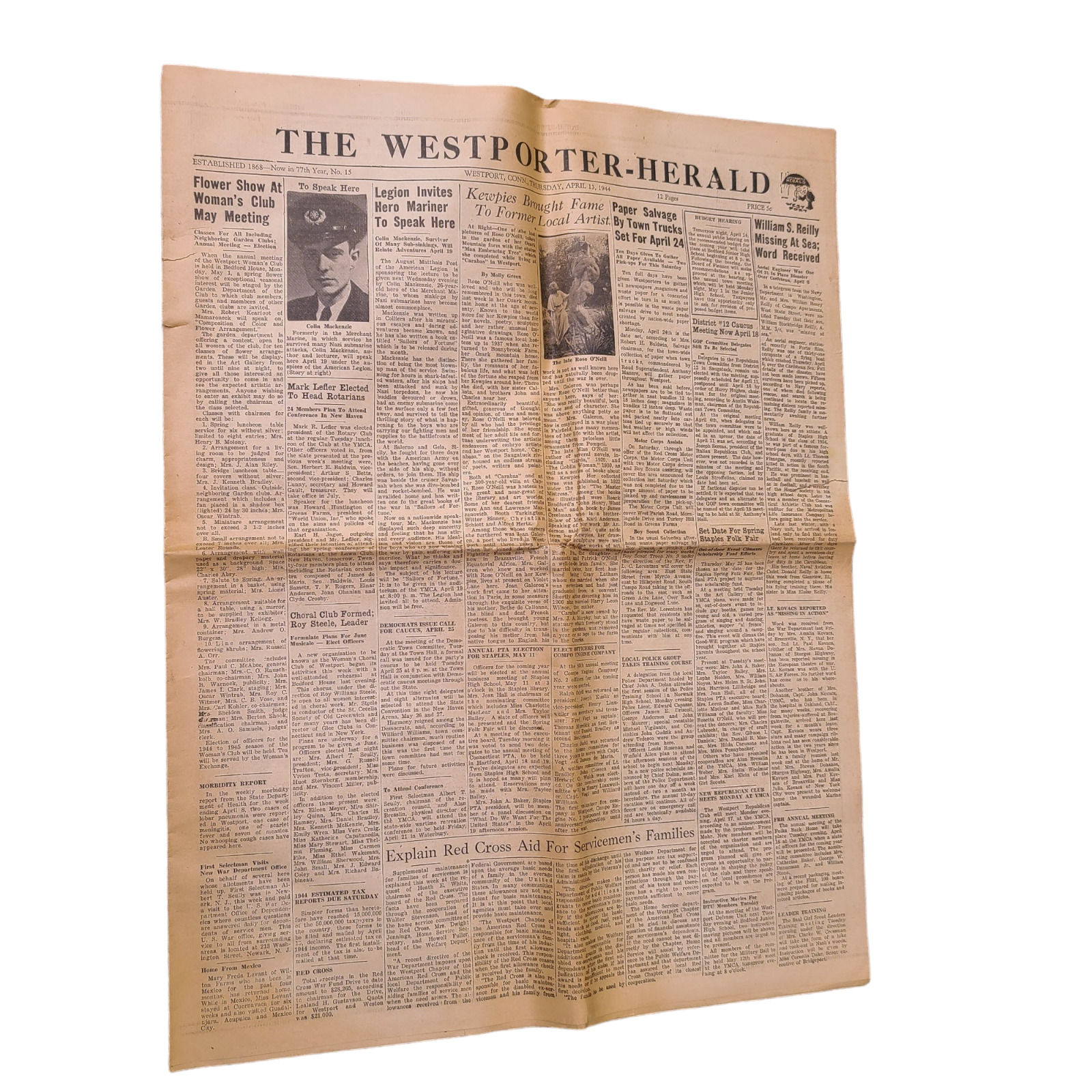Vtg 1944 WWII Westport Connecticut Newspaper WESTPORT SOLDIERS Rose O'neill CT
