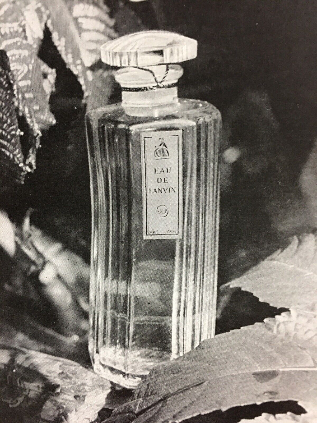 Eau De Lanvin Vintage 1954 French Perfume Print Ad Photo of Bottle on Leaves