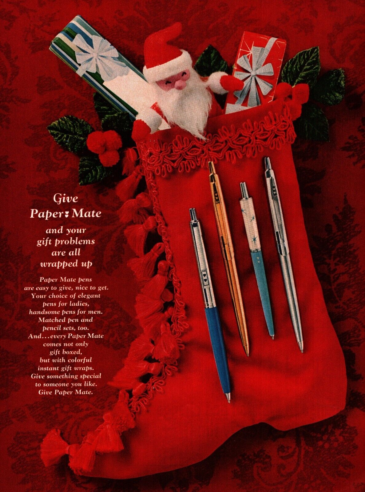 1965 Paper Mate Pens Vintage Print Ad Christmas Stocking Santa Presents Holly