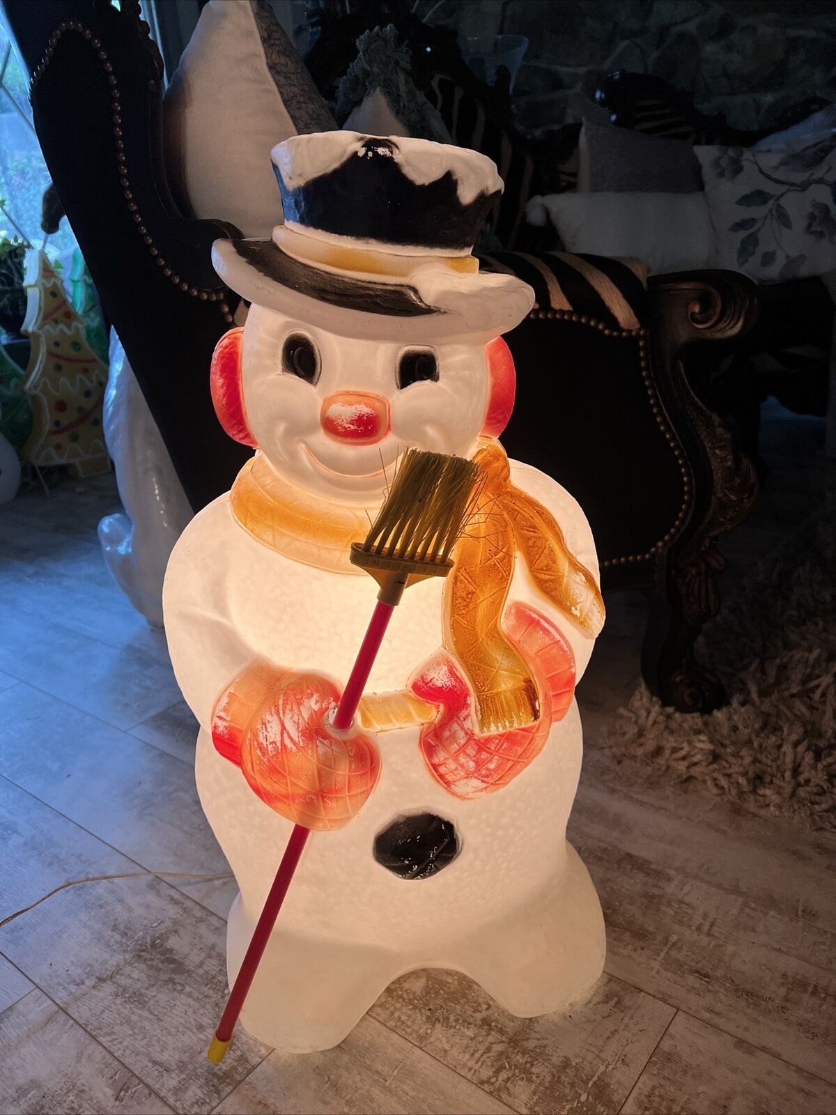 Vintage 31” Poloron Snowman w/ Broom Christmas Yard Blow Mold decoration plastic