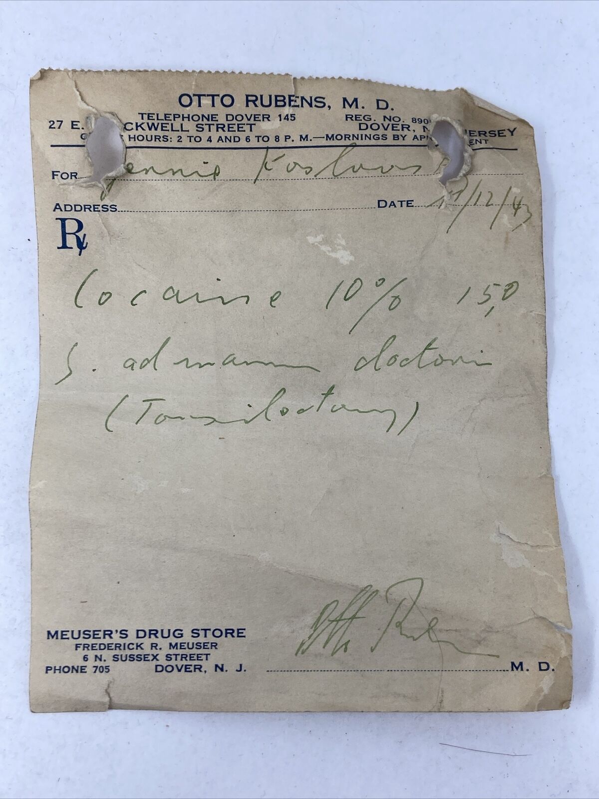 1943 Vintage Doctors Prescription Cocaine 10% Otto Rubens MD Dover New Jersey