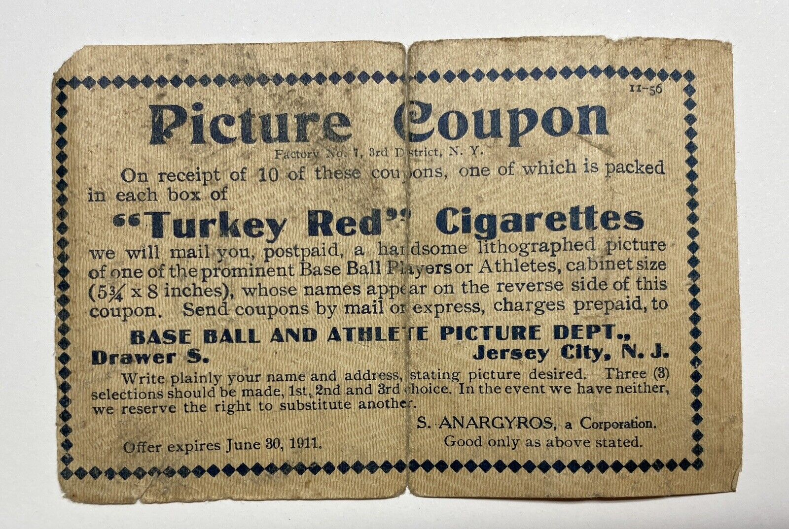 1911 Turkey Red t3 Picture card Exchange Slip Antique Baseball  (PC2)