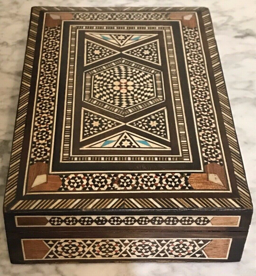 Retro Gorgeous Inlaid Mosaic Box, Geometric Design with Mother of Pearl Accents
