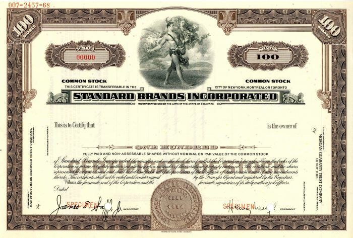 Standard Brands Incorporated - Stock Certificate - Specimen Stocks & Bonds