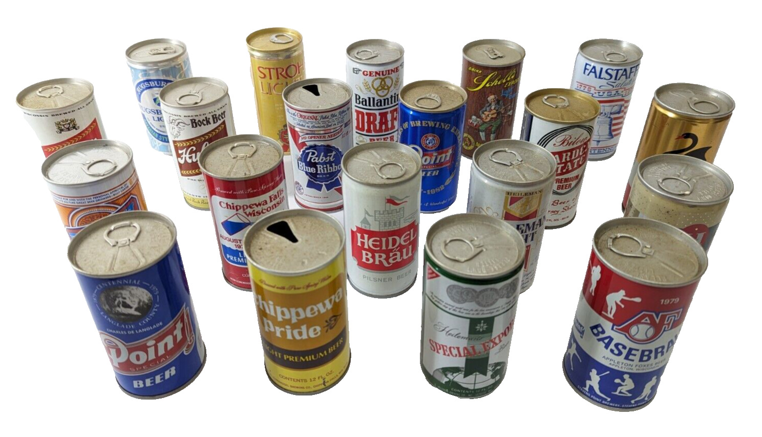 Lot of 20 Vintage Empty Pull Tab Beer Cans Point PBR Schells Huber Swan Bilow