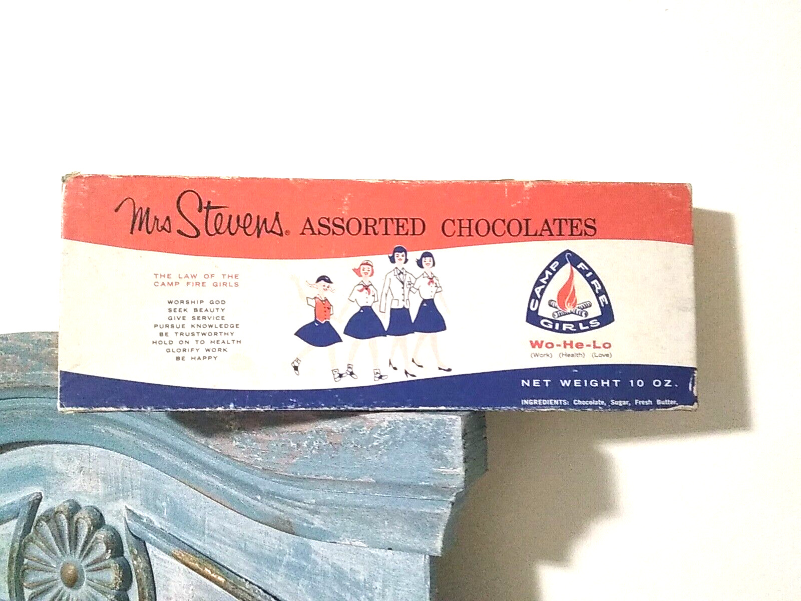 VTG RARE ADVERTISING 1950s Mrs Stevens Assorted Chocolates Box Girl Scout
