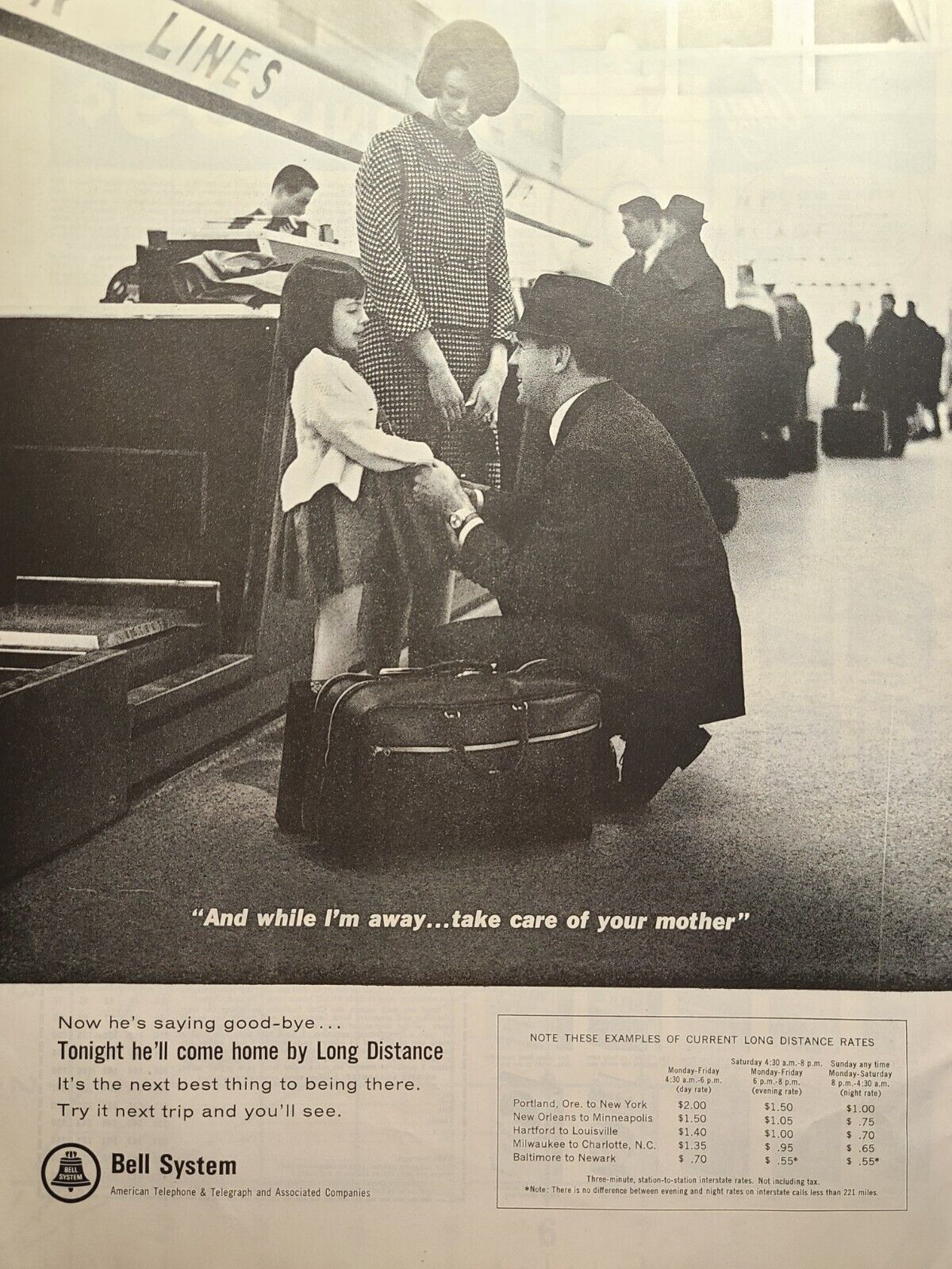 Bell Telephone System Long Distance Airport Goodbye Dad Vintage Print Ad 1966