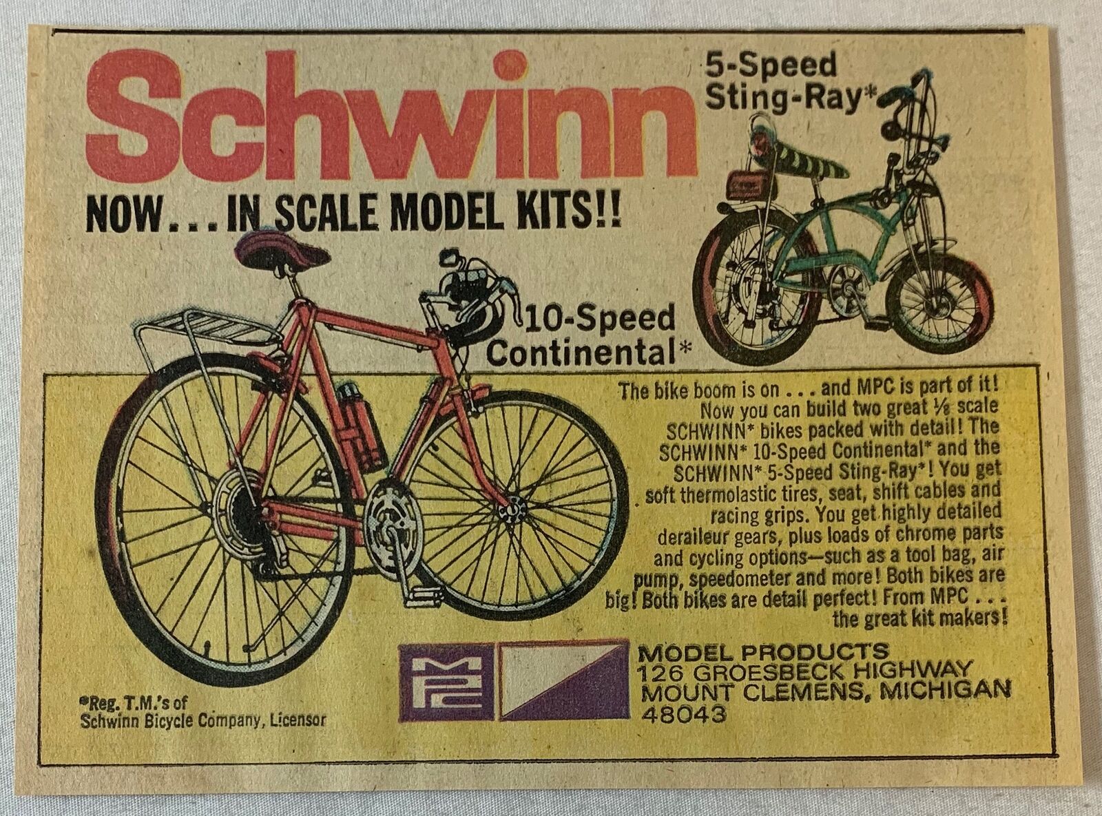 1973 MPC model kits cartoon ad ~ SCHWINN BICYCLES Sting-Ray, Continental