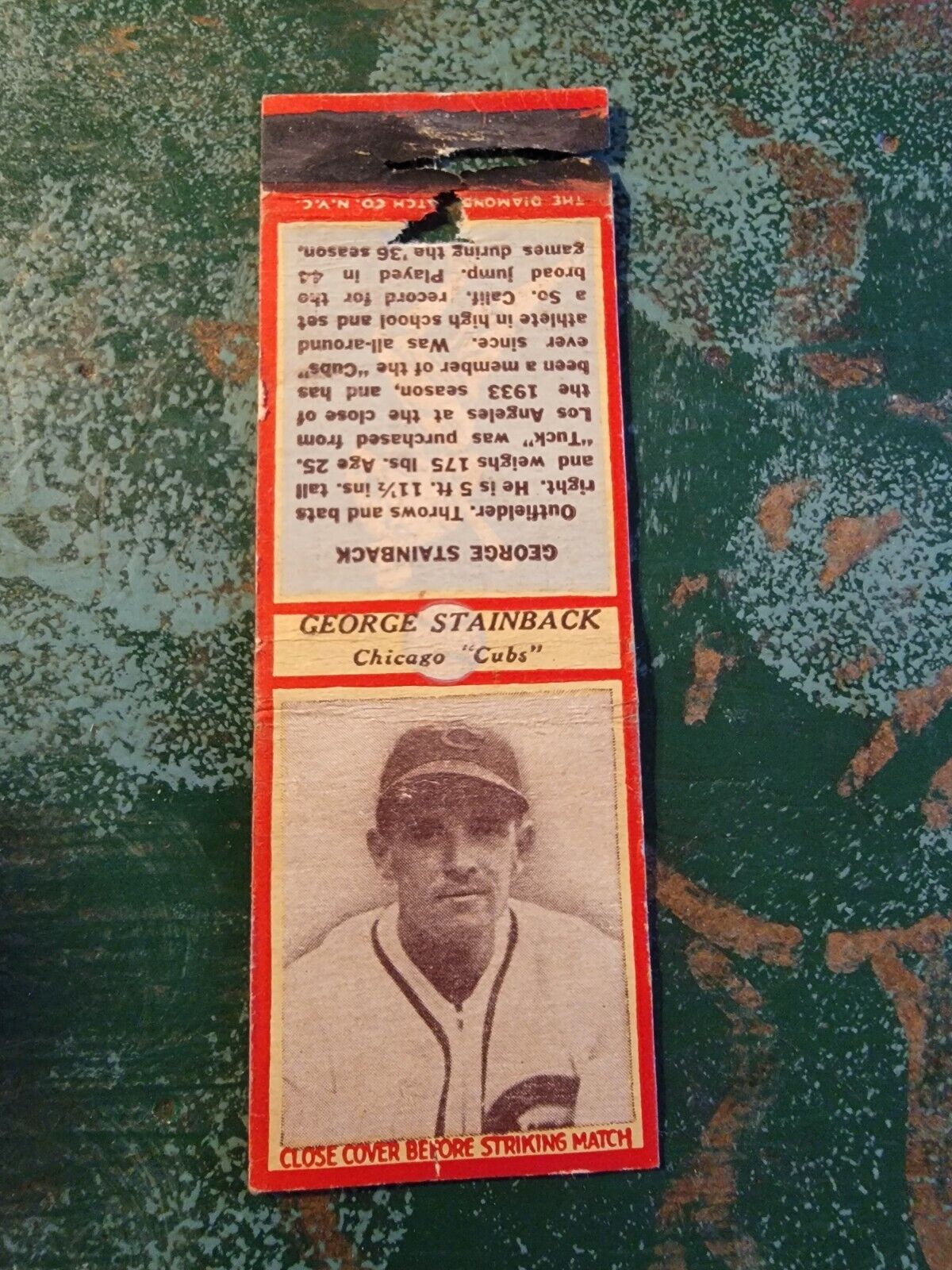 1937 Chicago Cubs Baseball Matchbook George Stainback
