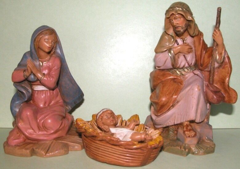 Fontanini Nativity Holy Family set, Jesus, Mary, Joseph kneeling, 5 in. series