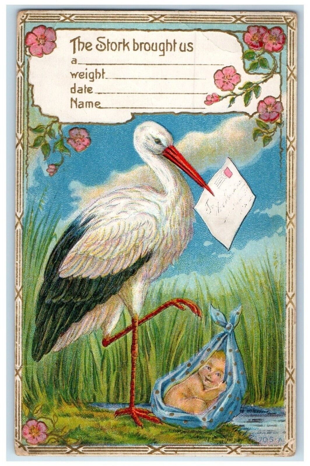 c1910\'s Stork Delivering Baby Flowers Embossed Posted Antique Postcard