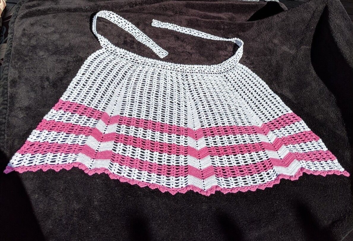 True Vintage Antique 1940s Era Beautiful Hand Crocheted Pink and White Apron 