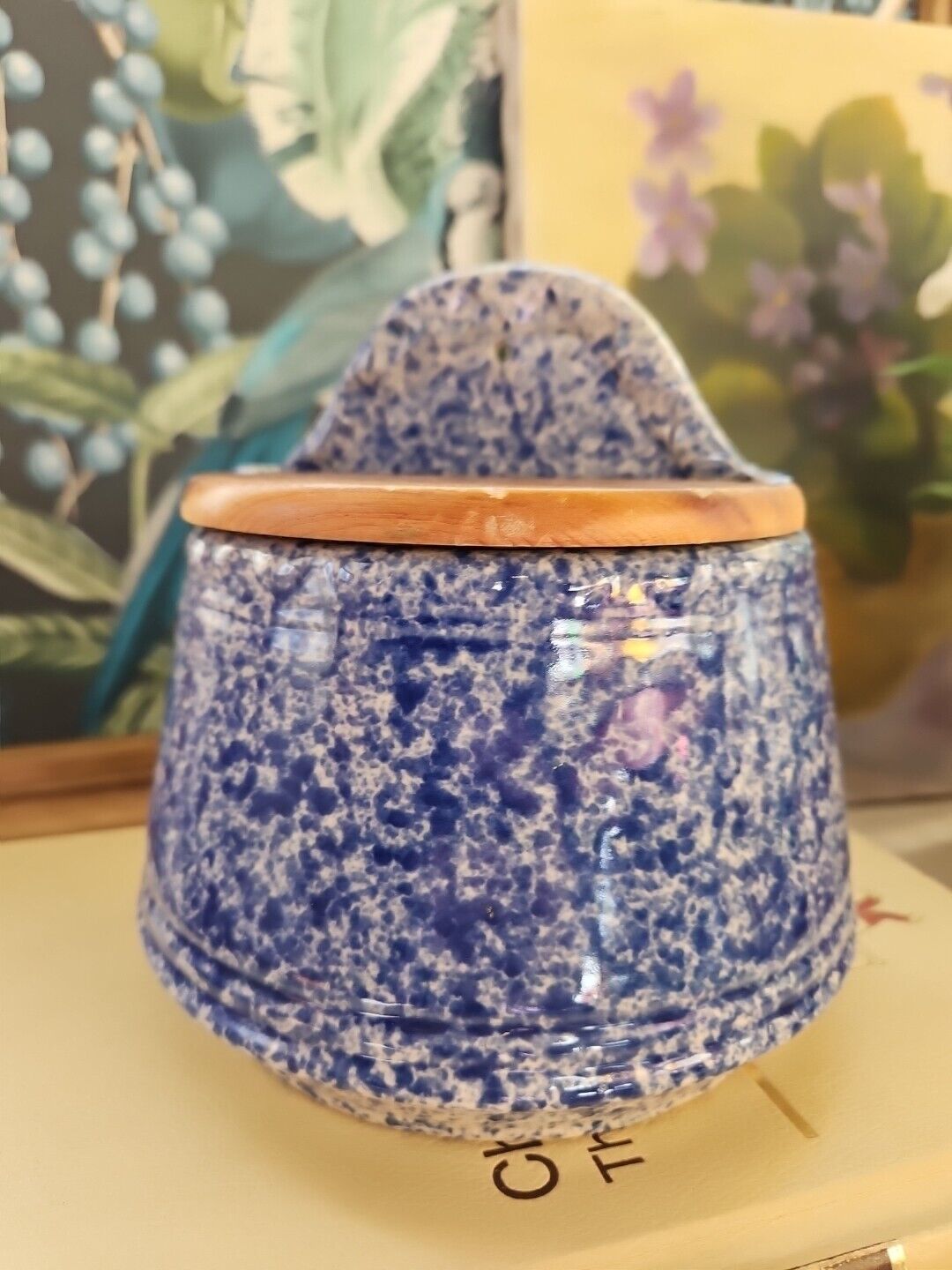 Vintage Salt Cellar Spongeware W/ Wood Cover Antique Blue & White Pottery Stone