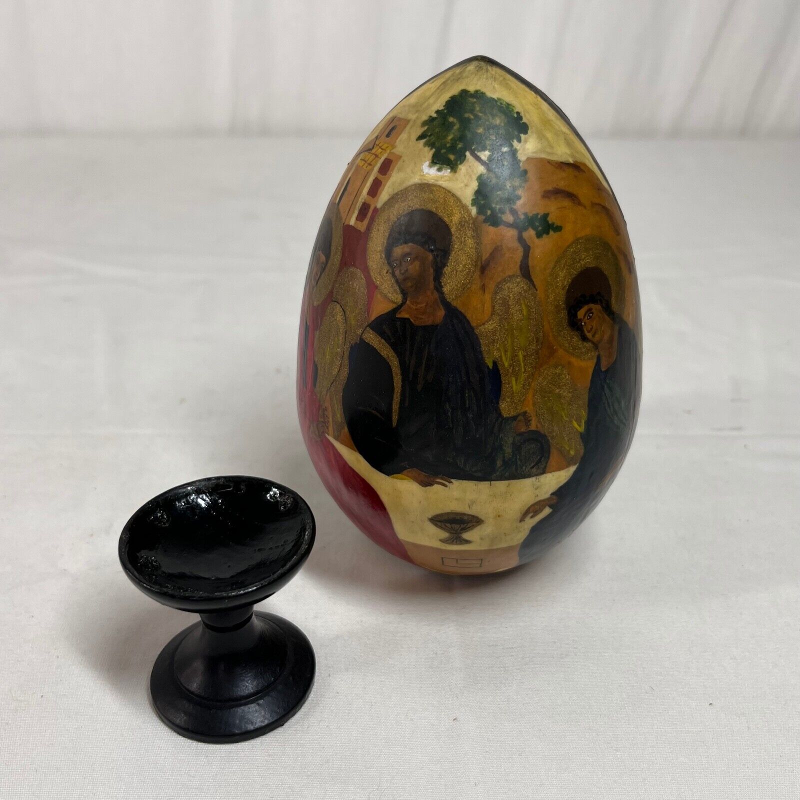 Vintage Hand Painted Russian Wooden Egg and Stand - Saints at Table Scene