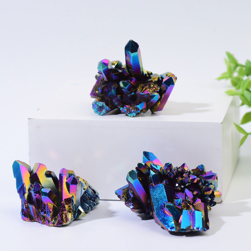 Natural Rock Rainbow Aura Titanium Quartz Crystal Cluster Specimens Healing