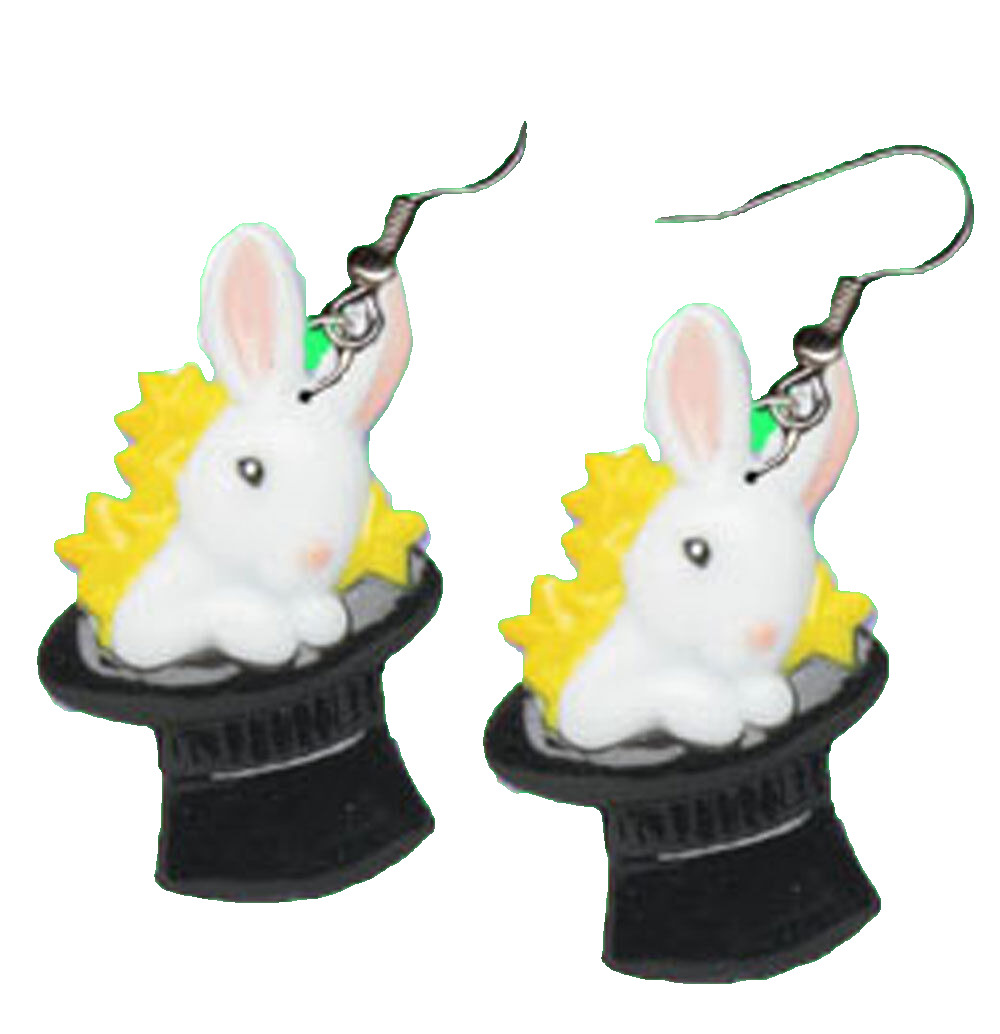 Big Funky BUNNY BLACK MAGIC TOP HAT EARRINGS Easter Rabbit Charm Novelty Jewelry