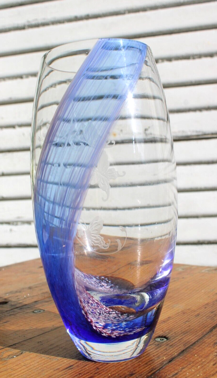 Lenox Vase Crystal Clear w/Blue Sea Swirl Etched Butterflys 8” Made in Scotland