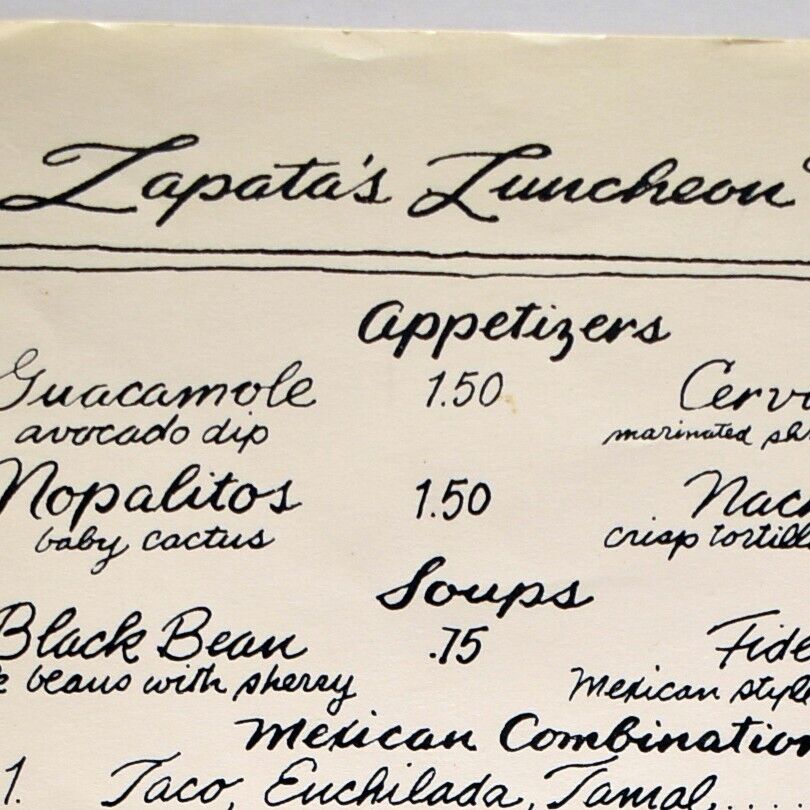 Vintage 1980s Zapata's Mexican Restaurant Luncheon Menu