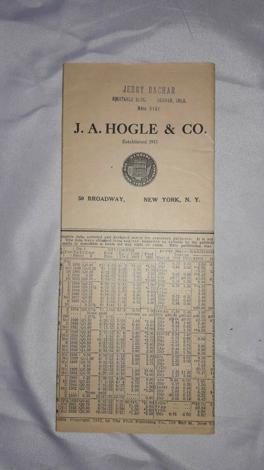 1952, J.A. Hogle & Co., New York, N.Y., Fitch Stock Summary, Stock Tables