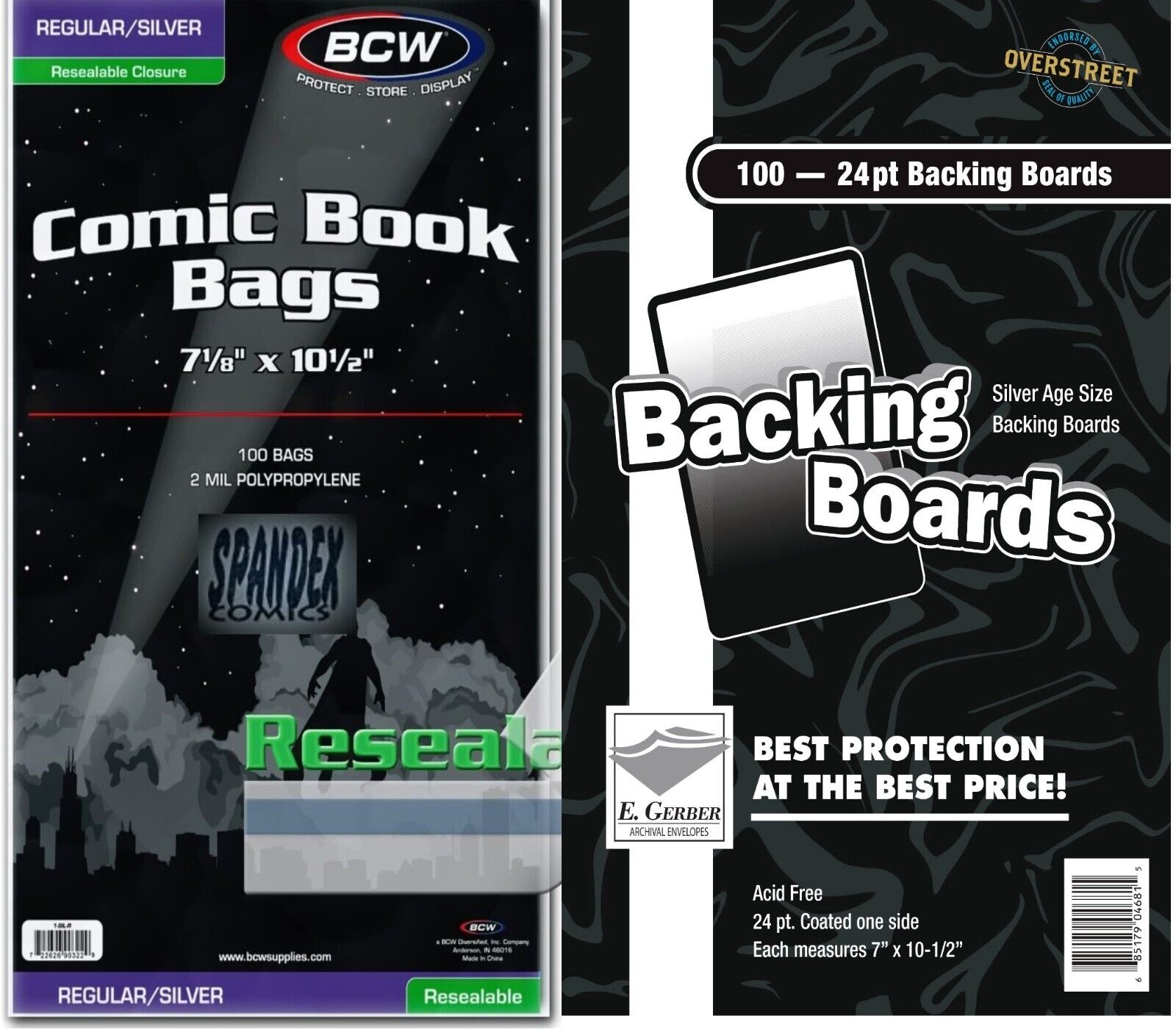 100 Silver Age BCW 2 Mil Resealable Comic Book Bags & E Gerber Backing Board Set