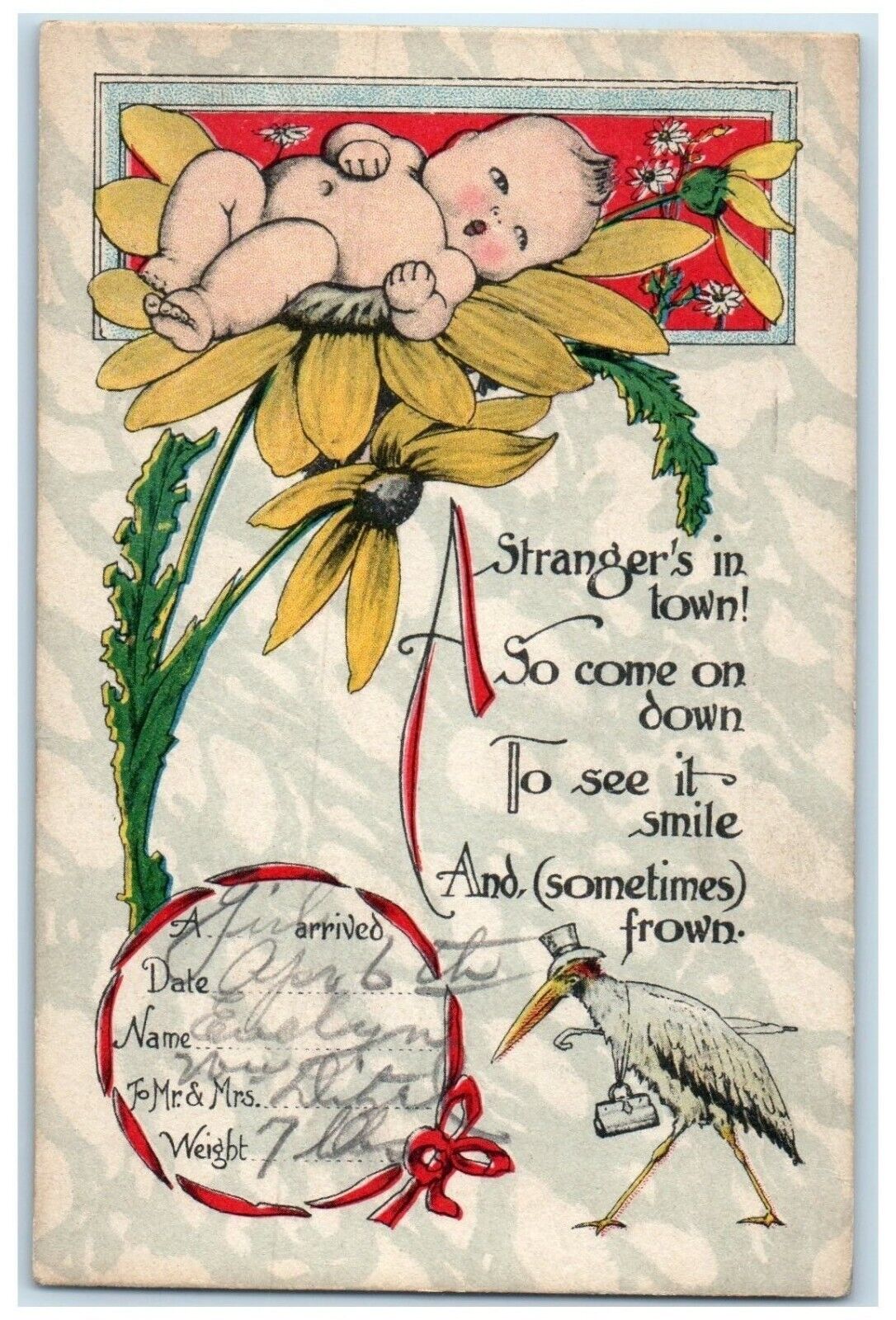1916 Baby On Top Flowers Doctor Stork Buffalo New York NY Antique Postcard