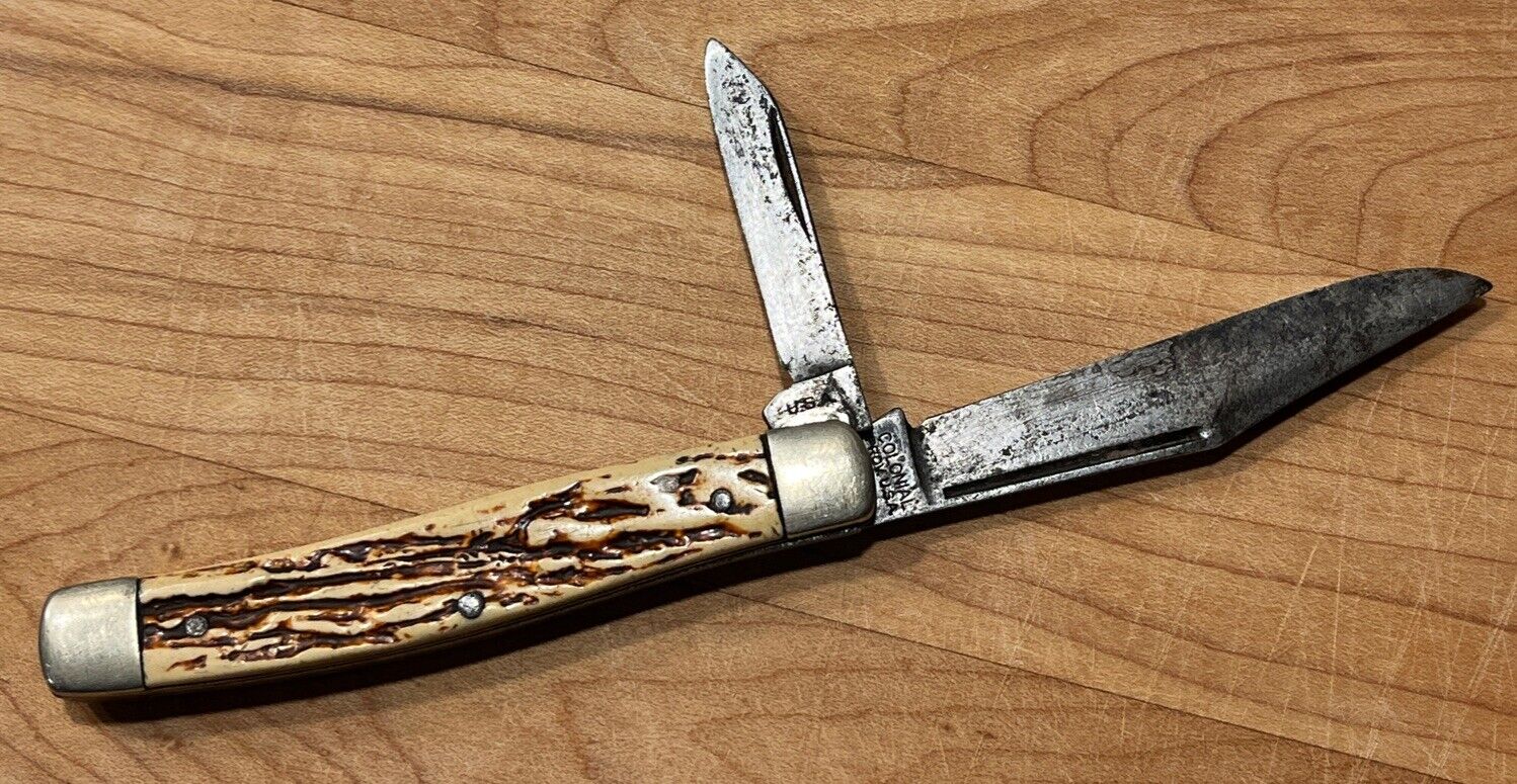 Vintage Colonial Prov. USA. 2 Blade Pocket Knife~Stag Bone Handle 3 7/8\