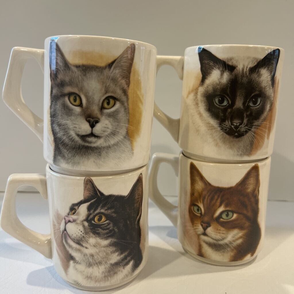 Cat Face VTG Realistic 10 oz Set of 4 Cat Faces Coffee Tea Cups Mugs