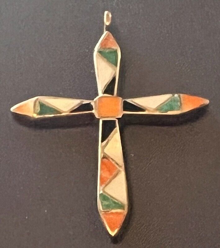 Best Zuni 1940s Channl Inlay Cross Pendant Natl Turquoise, Red Abalone, Jet, MOP