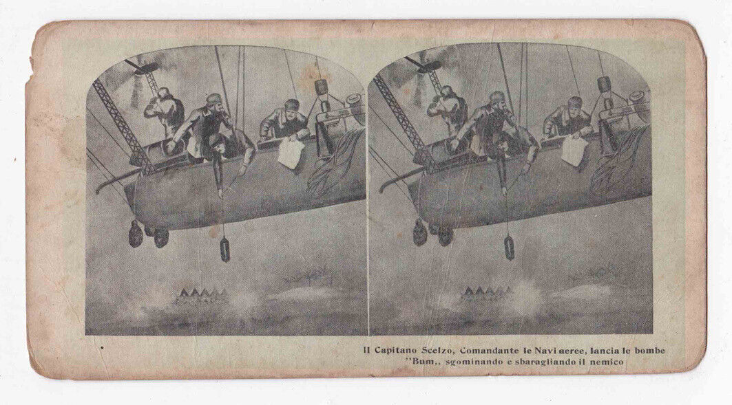 Antique 1911 Italian Captain Scelzo Airship Bombing Of Libya Stereo Card P199