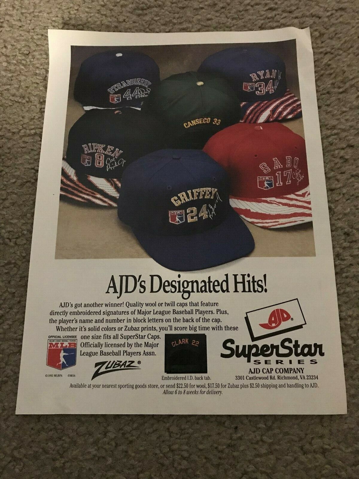 1990s MLB AJD HAT SIGNATURE ZUBAZ Print Ad KEN GRIFFEY JR CHRIS SABO NOLAN RYAN