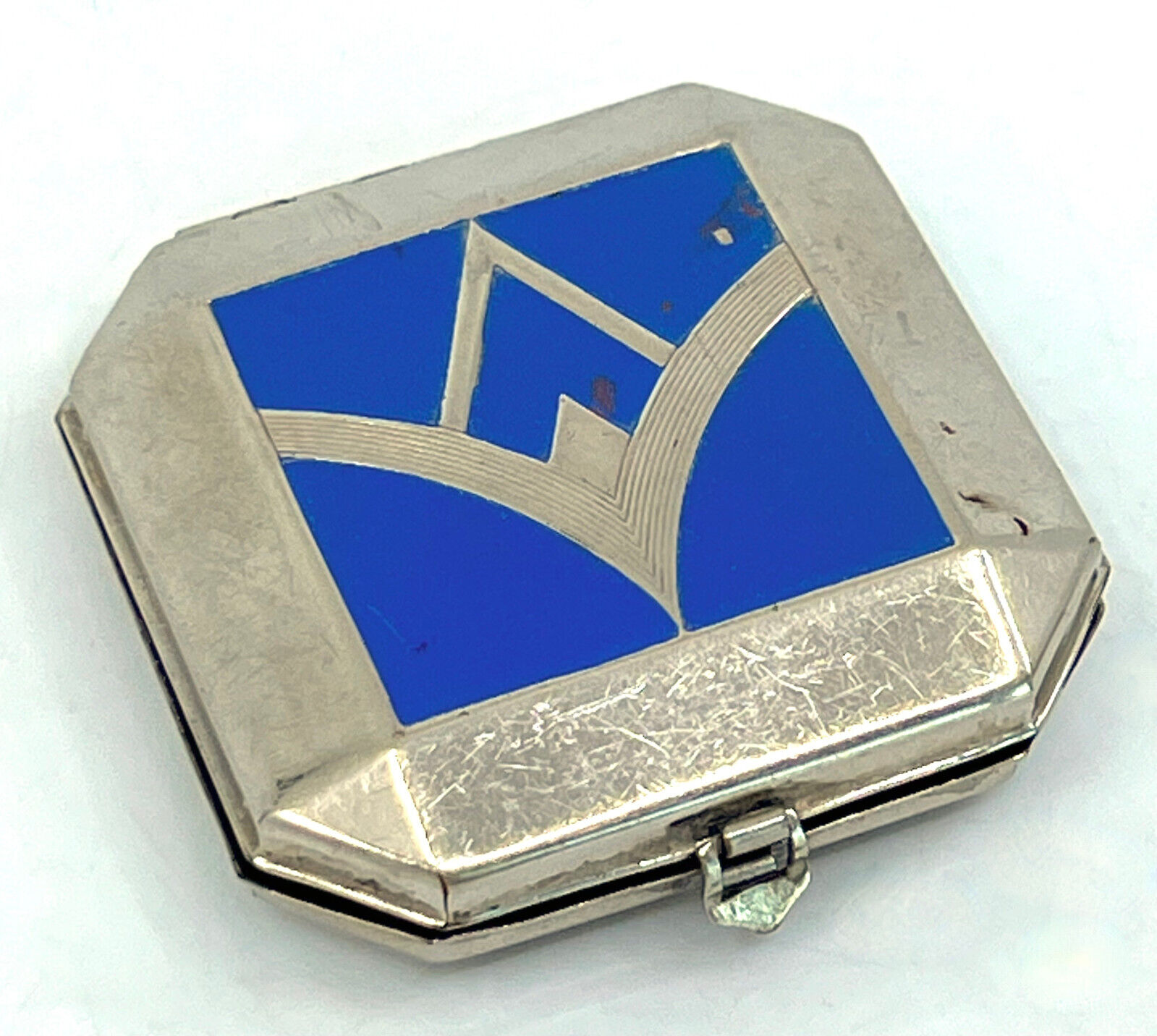 Armand Art Deco Small Powder Compact Blue Enamel Raised Geometric 1920s Empty