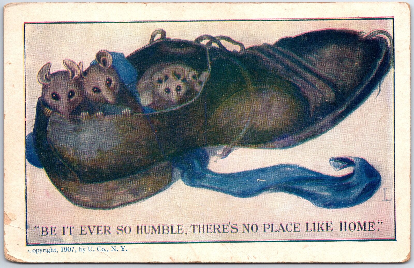 VINTAGE POSTCARD HUMBLE MICE LIVING IN A SHOE TAIL OUT OF TOE SECTION 1907