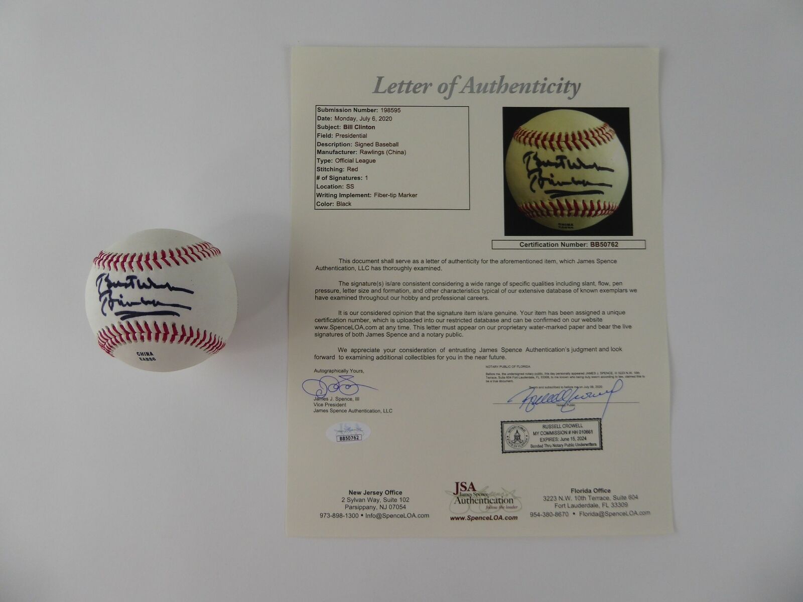 President Bill Clinton Signed Baseball Rawlings Official League JSA LOA