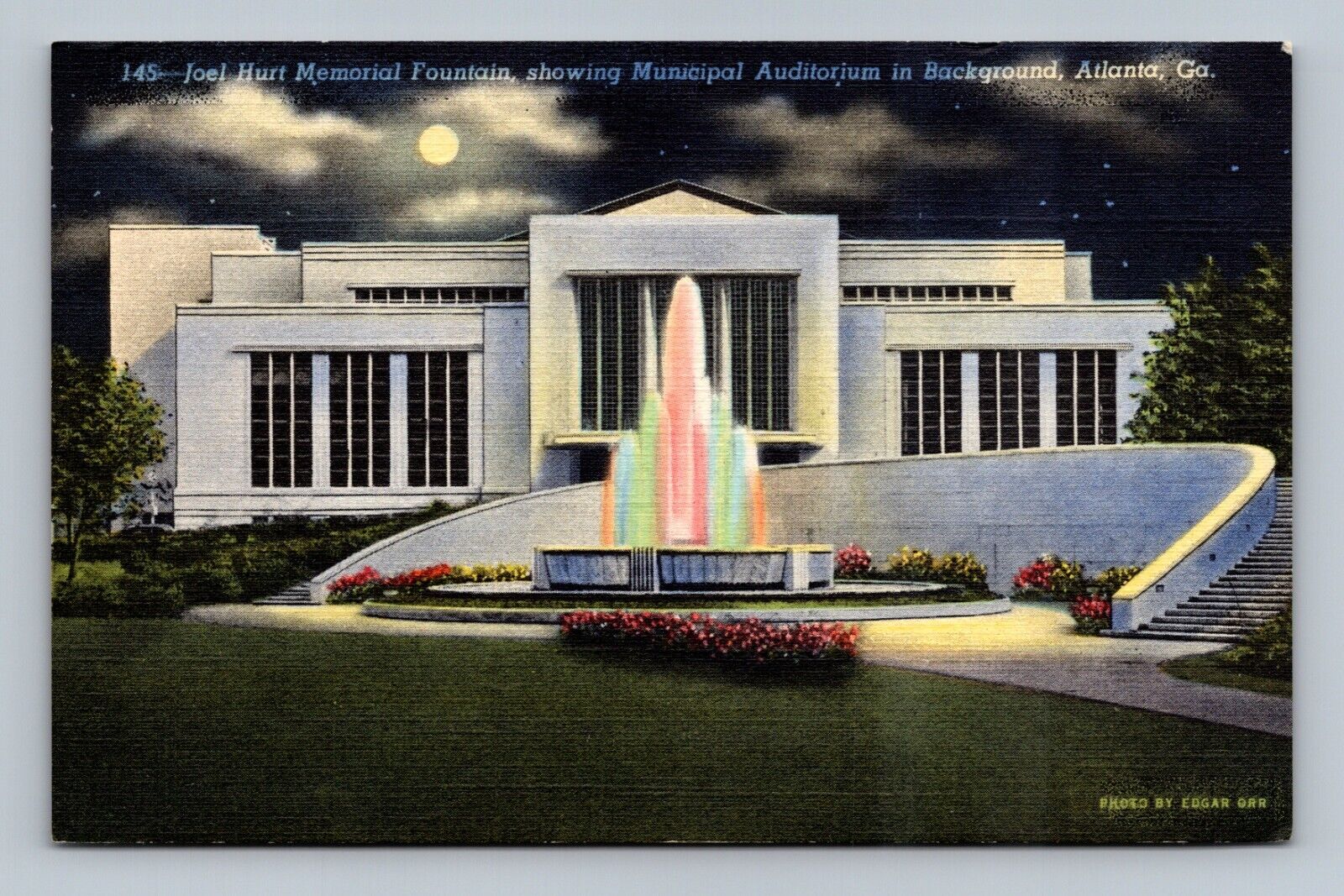 Linen Joel Hurt Memorial Fountain & Auditorium At Night Atlanta GA Postcard