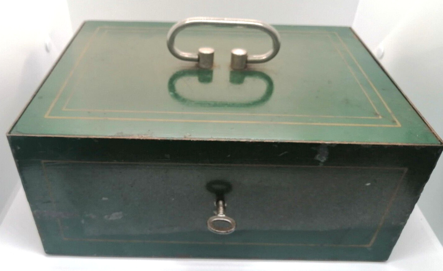Vintage BIG 70´s COFFER Cast Iron Bank strongbox Green/Red SAFE BOX Money w. key
