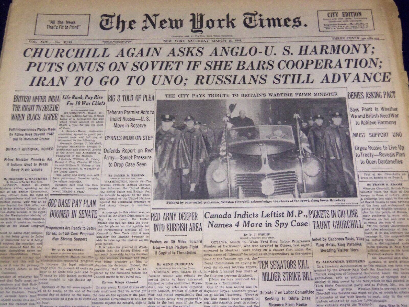 1946 MARCH 16 NEW YORK TIMES - CHURCHILL AGAIN ASKS ANGLO U. S. HARMONY - NT 868