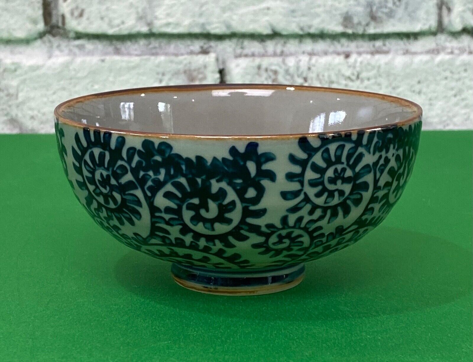Vintage Asian Hand Painted Blue Swirl Footed Bowl Ceramic 4 inch Rice Bowl