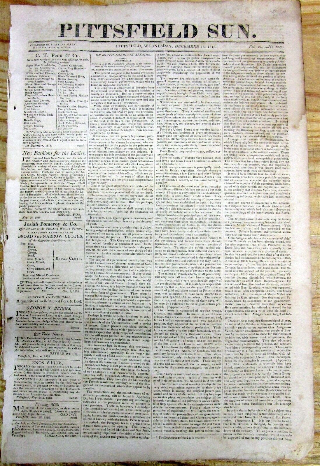 1818 newspaper ILLINOIS is ADMITTED to STATEHOOD as the 21th STATE in the UNION