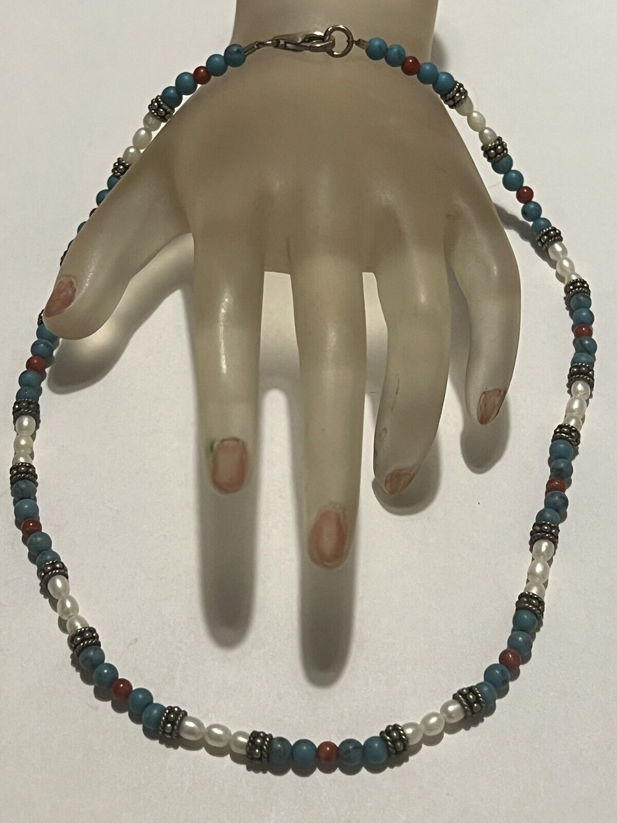 VINTAGE LOVELY STERLING SILVER  TURQUOISE CORAL PEARL NECKLACE