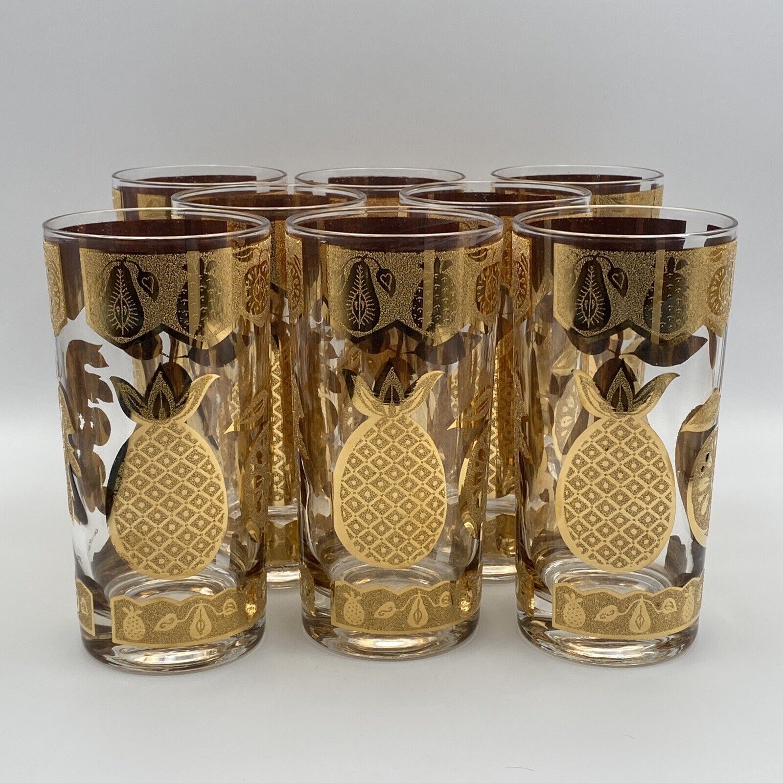 MCM Vintage CULVER 22k Gold Highball Glasses - Set Of 8 - Pineapple Fruit Medley